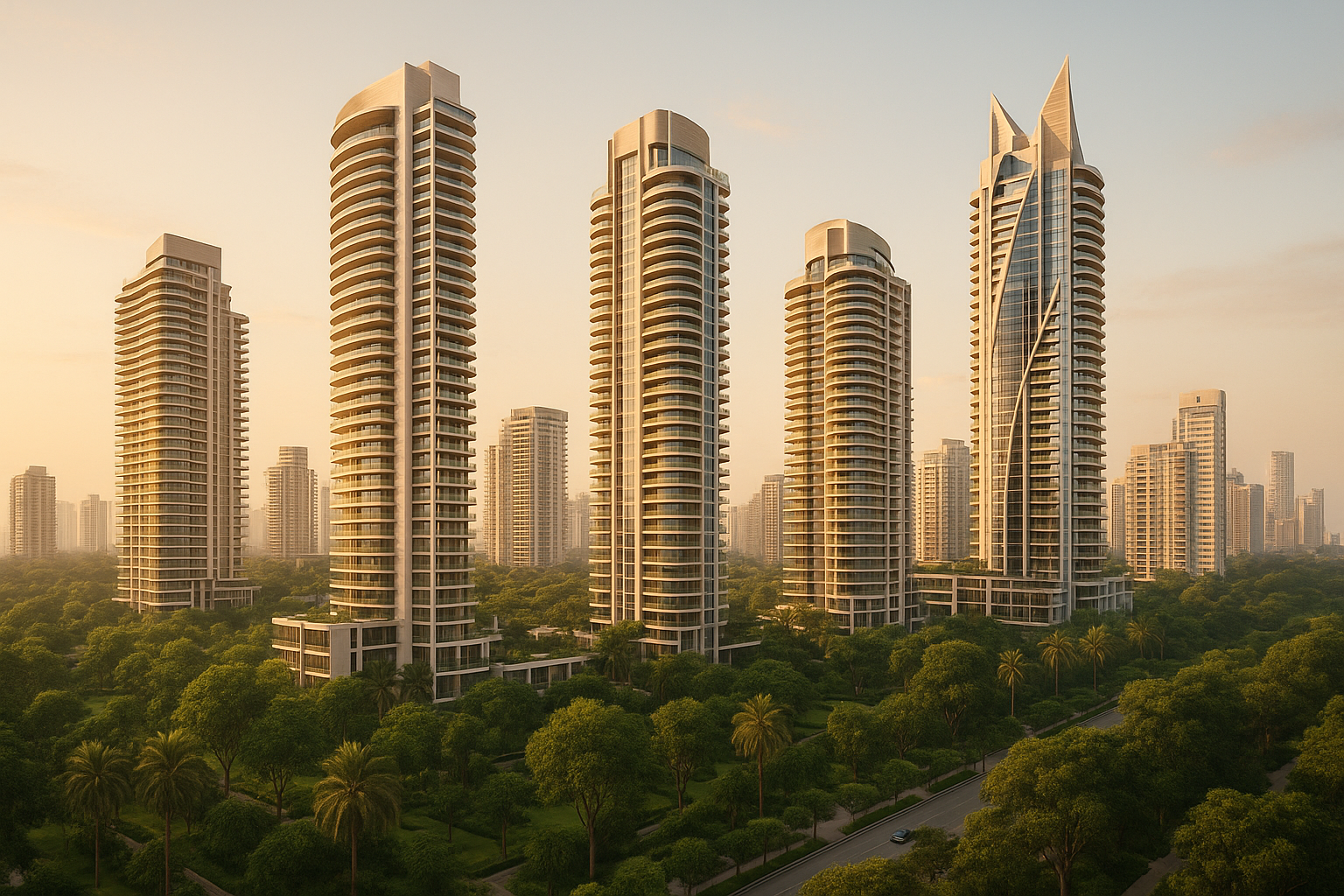 Luxury premium real estate skyline in India, highlighting high-end residential towers in 2025.