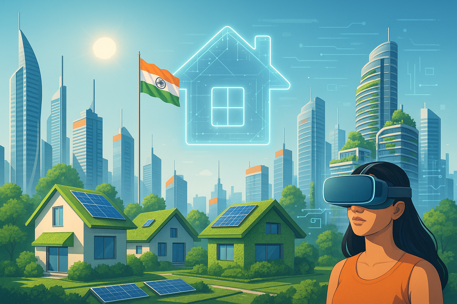 Futuristic Indian city skyline with smart buildings, green housing, and technology-driven real estate features in 2025.