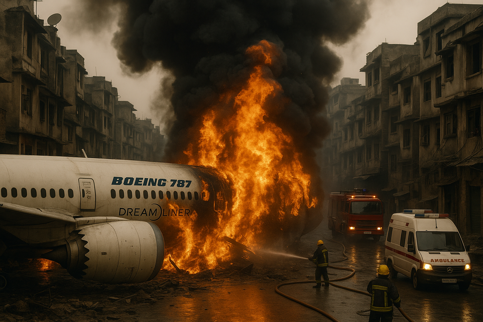 Air India Boeing 787 Dreamliner on fire after crashing into a residential area in Ahmedabad, with emergency teams at the scene.