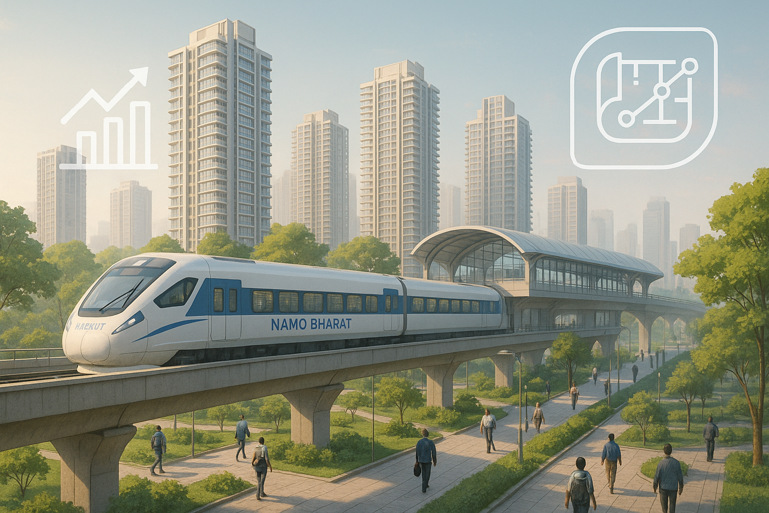 Namo Bharat train passing through TOD zone in Meerut with modern real estate and transit infrastructure.