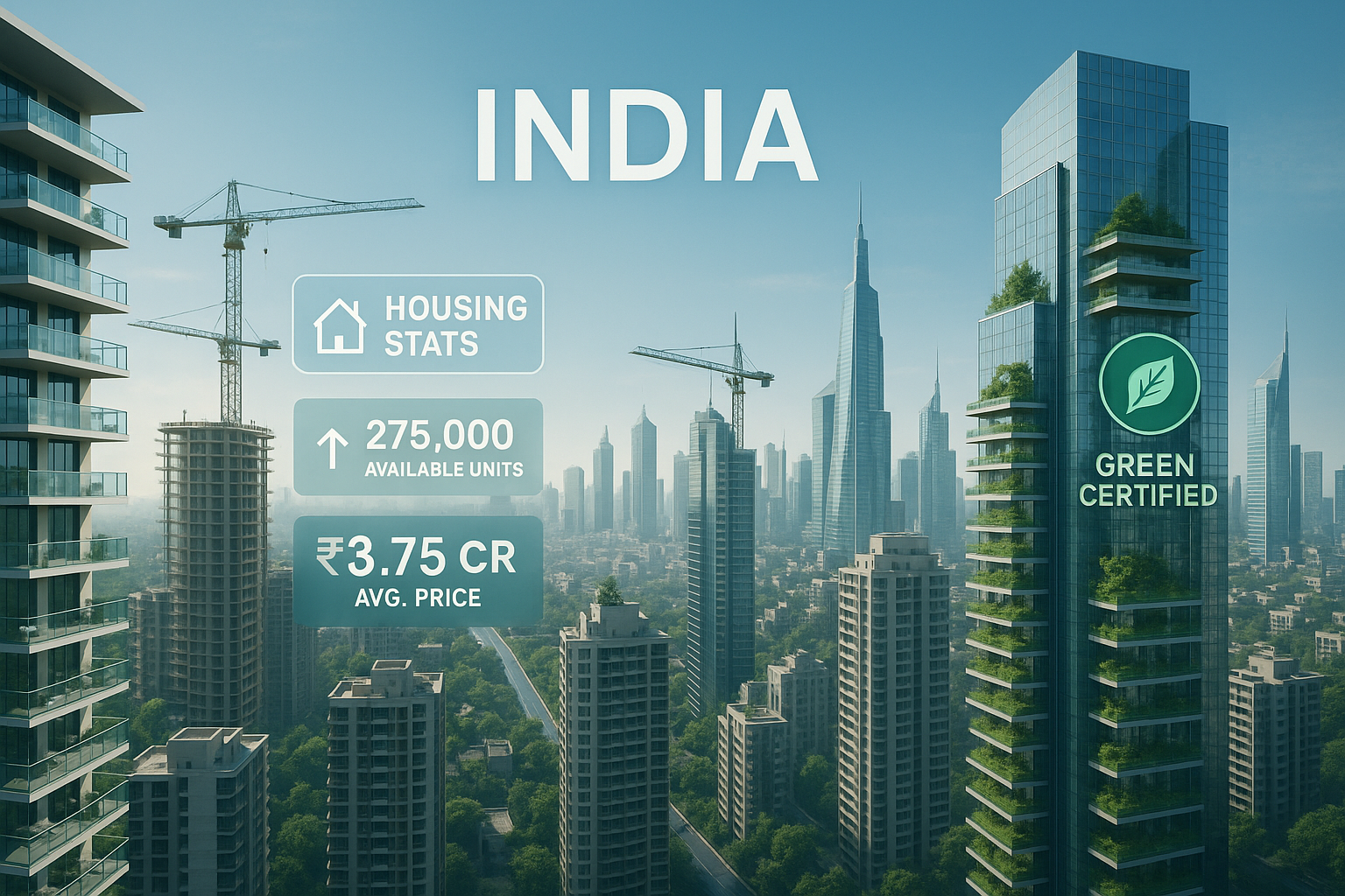 Illustration of India’s real estate growth to $1 trillion by 2030 with skyscrapers and housing development graphics.