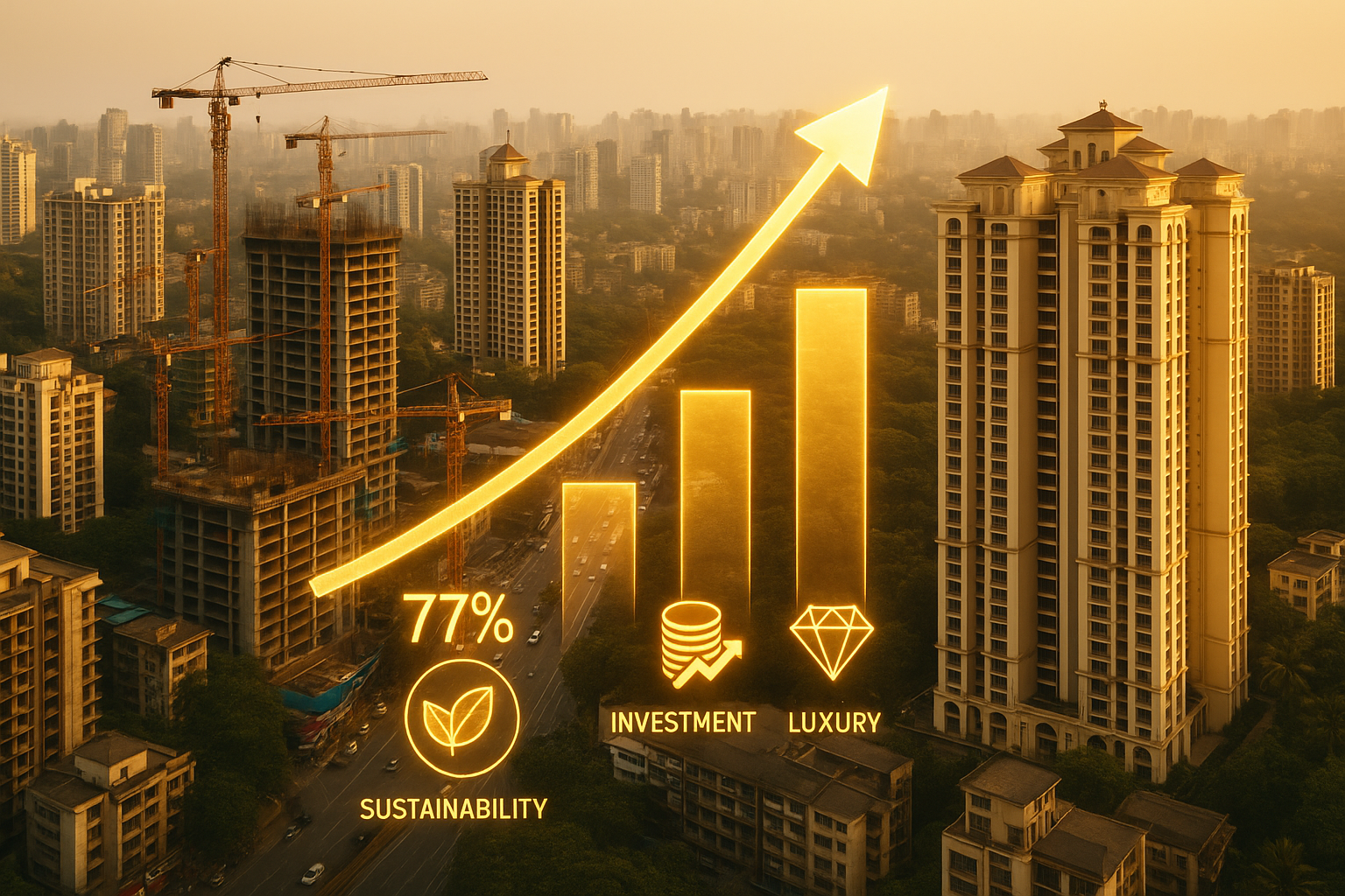 Image showing Mumbai’s growing skyline and suburban real estate boom with a chart showing 77% increase in housing sales.