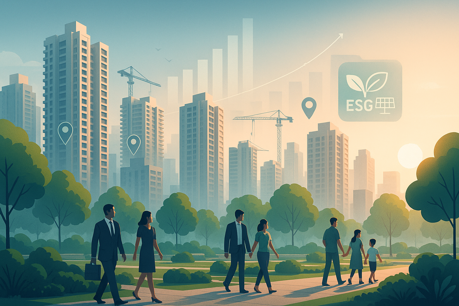 Modern Indian cityscape with real estate growth icons, high-rises, and green parks symbolizing FY26 real estate boom
