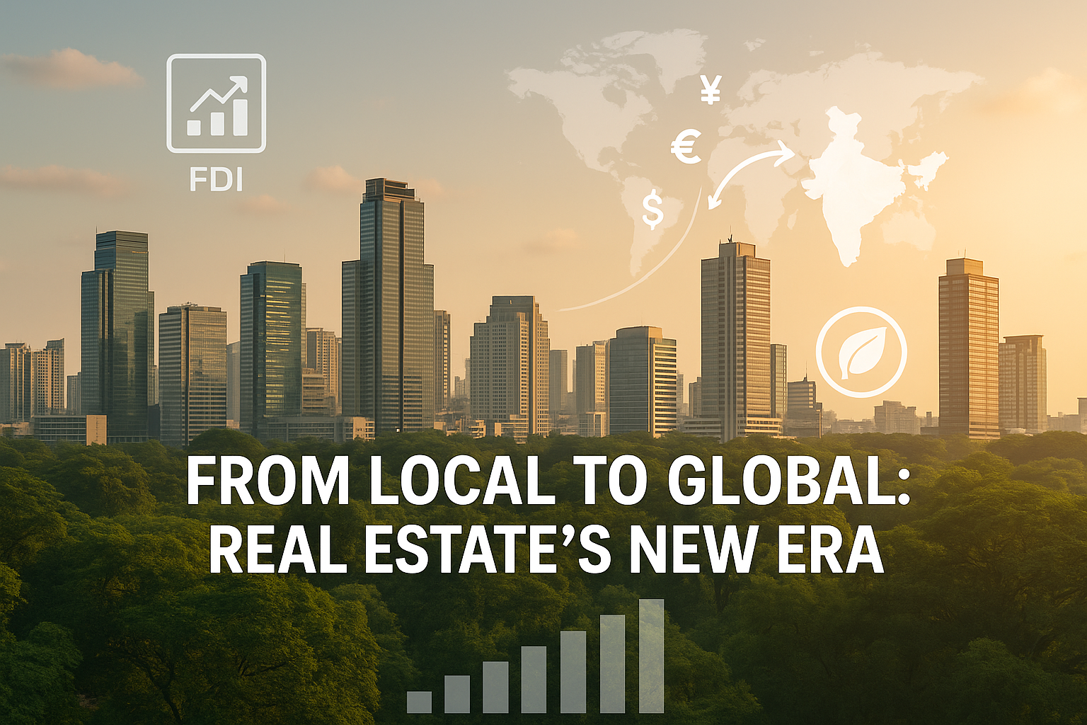 Modern Indian commercial skyline with text overlays highlighting FDI growth and global investor interest in real estate 2025